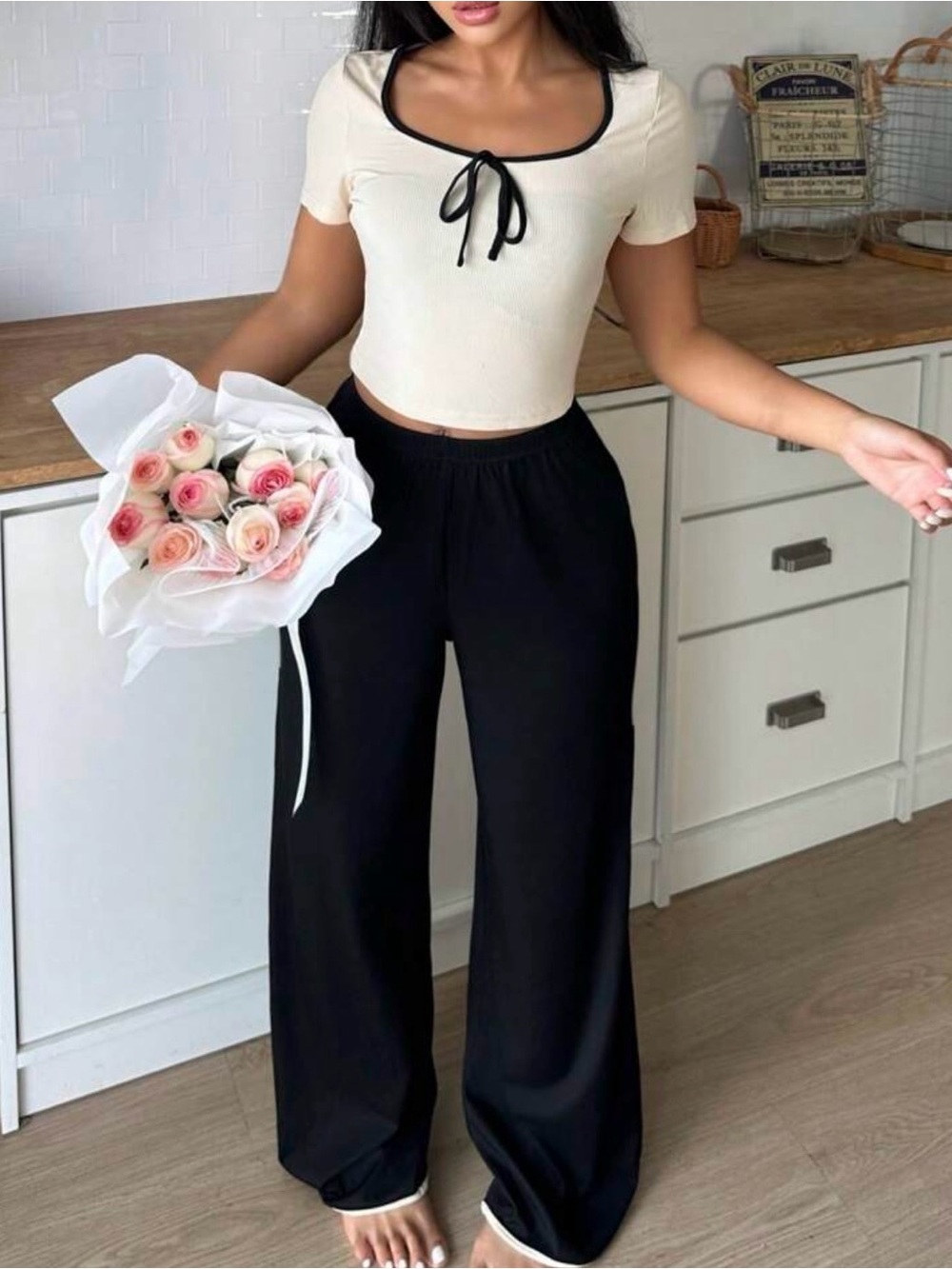 2pc High-Waist Wide Leg Black Lounge Pants and Top set